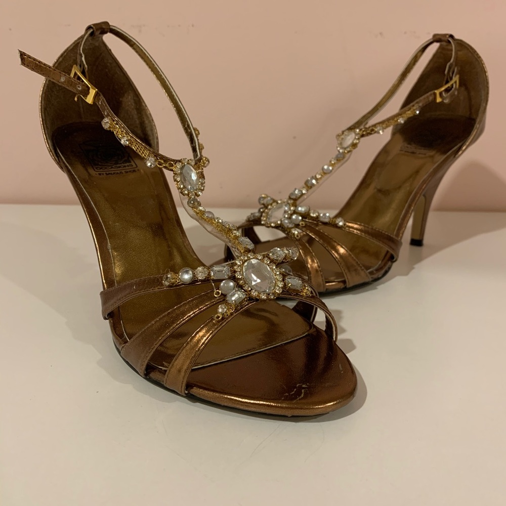 Bronze metallic and crystal shoes